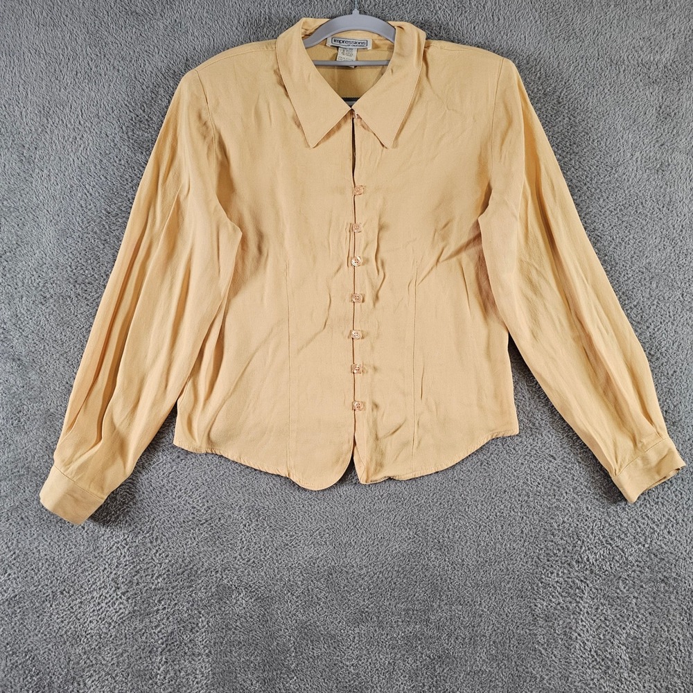 Impressions of California Vintage Mustard Yellow Button Up Blouse Medium USA